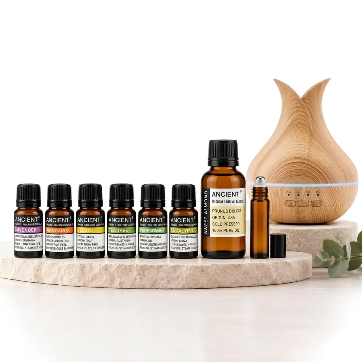 Startovací set s difuzérem – 6 esenciálních olejů, mandlový olej, roll-on a aromadifuzér