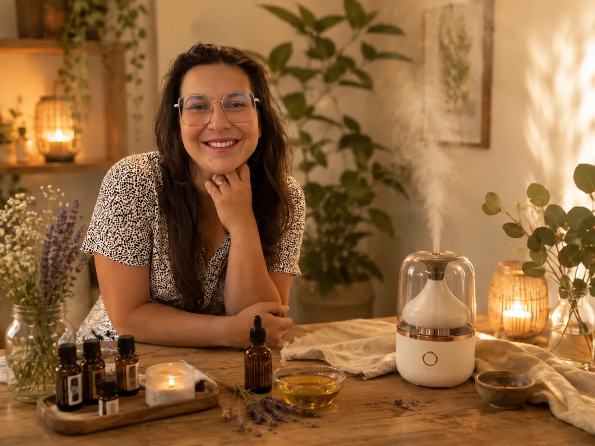 Vendula u stolu s aromadifuzérem, esenciálními oleji a levandulí